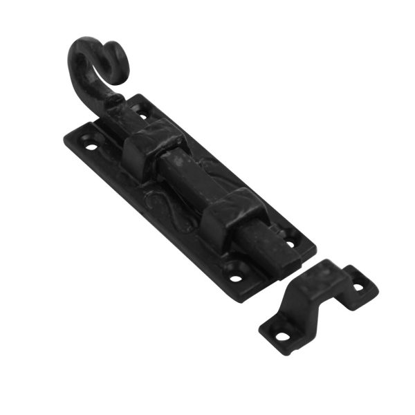Door Bolt Straight Curly Tail 75mm on Black Antique