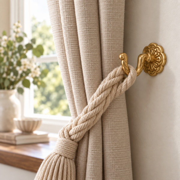 Tieback Hook with Rosette Plate in Polished Brass